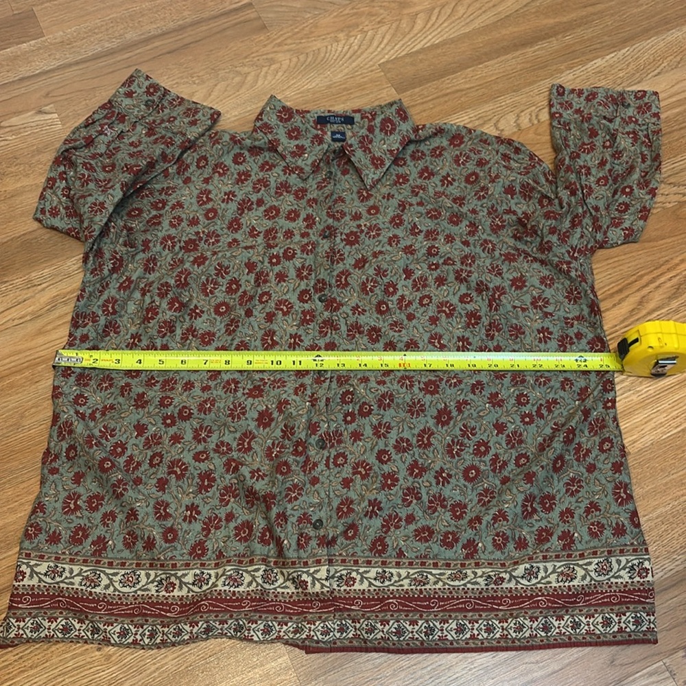 Chaps red orange and olive green floral long sleeve collared blouse. Size 2X. - Picture 10 of 17